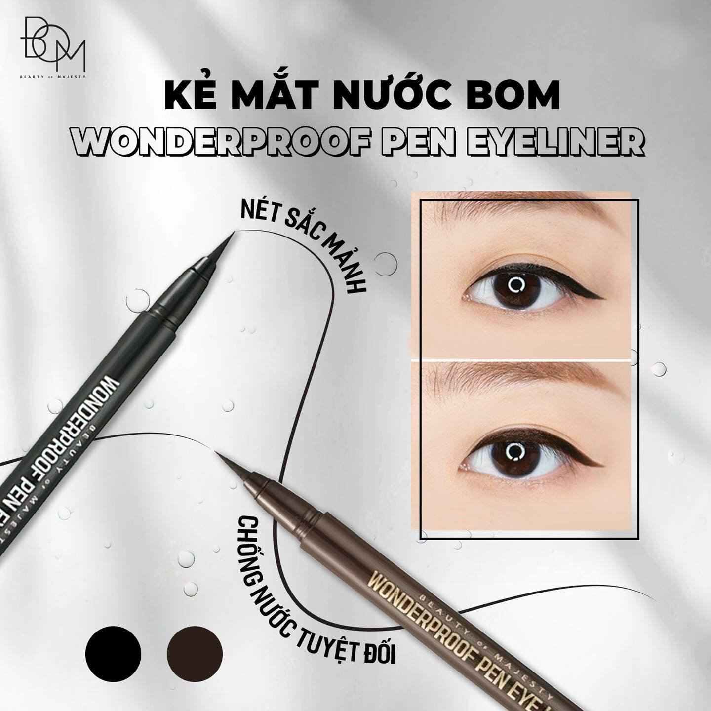 Kẻ mắt eyeliner B.O.M với đầu bút thanh mảnh và những đường kẻ mềm mại; đang là sản phẩm rất được săn đón trên thị trường hiện nay.