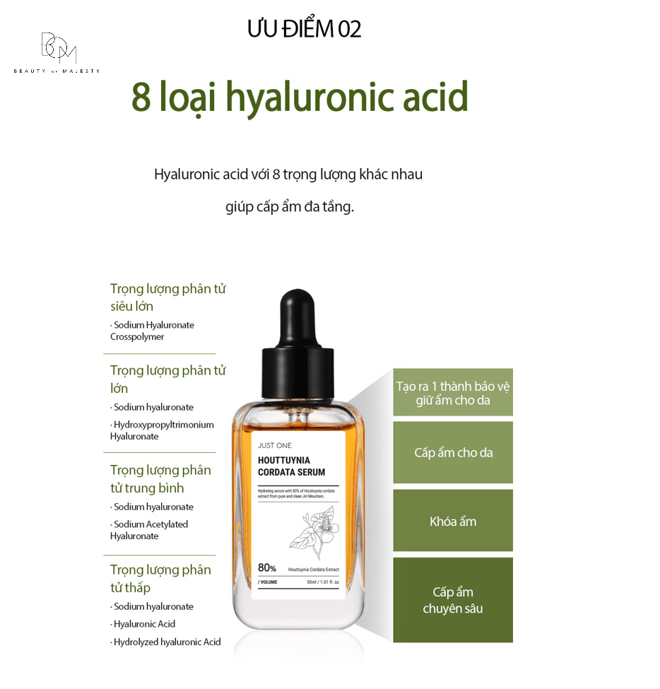 Sản phẩm bao gồm 8 loại hyaluronic acid giúp cấp ẩm, làm mềm da