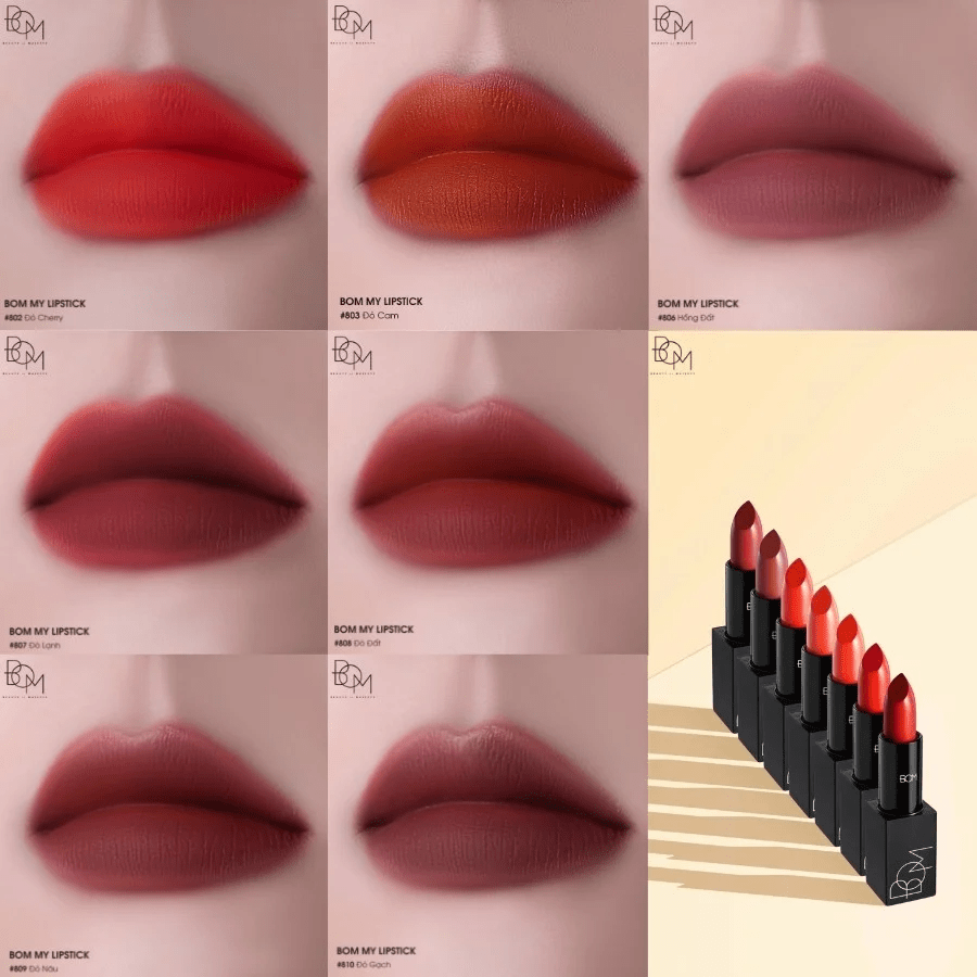 B.O.M My Lip Stick có đa dạng các màu son; với công nghệ in màu mới, cho đôi môi bạn màu sắc tươi tắn và tự nhiên
