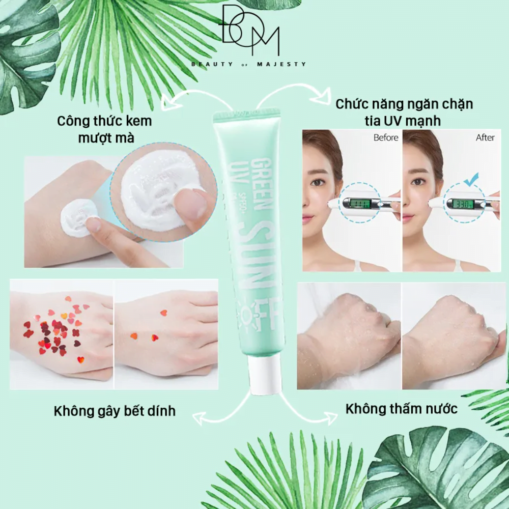 Kem Chống Nắng B.O.M Green UV Sun Off SPF50+/PA++++ 50ml là một sản phẩm chống nắng của thương hiệu mỹ phẩm B.O.M đến từ Hàn Quốc