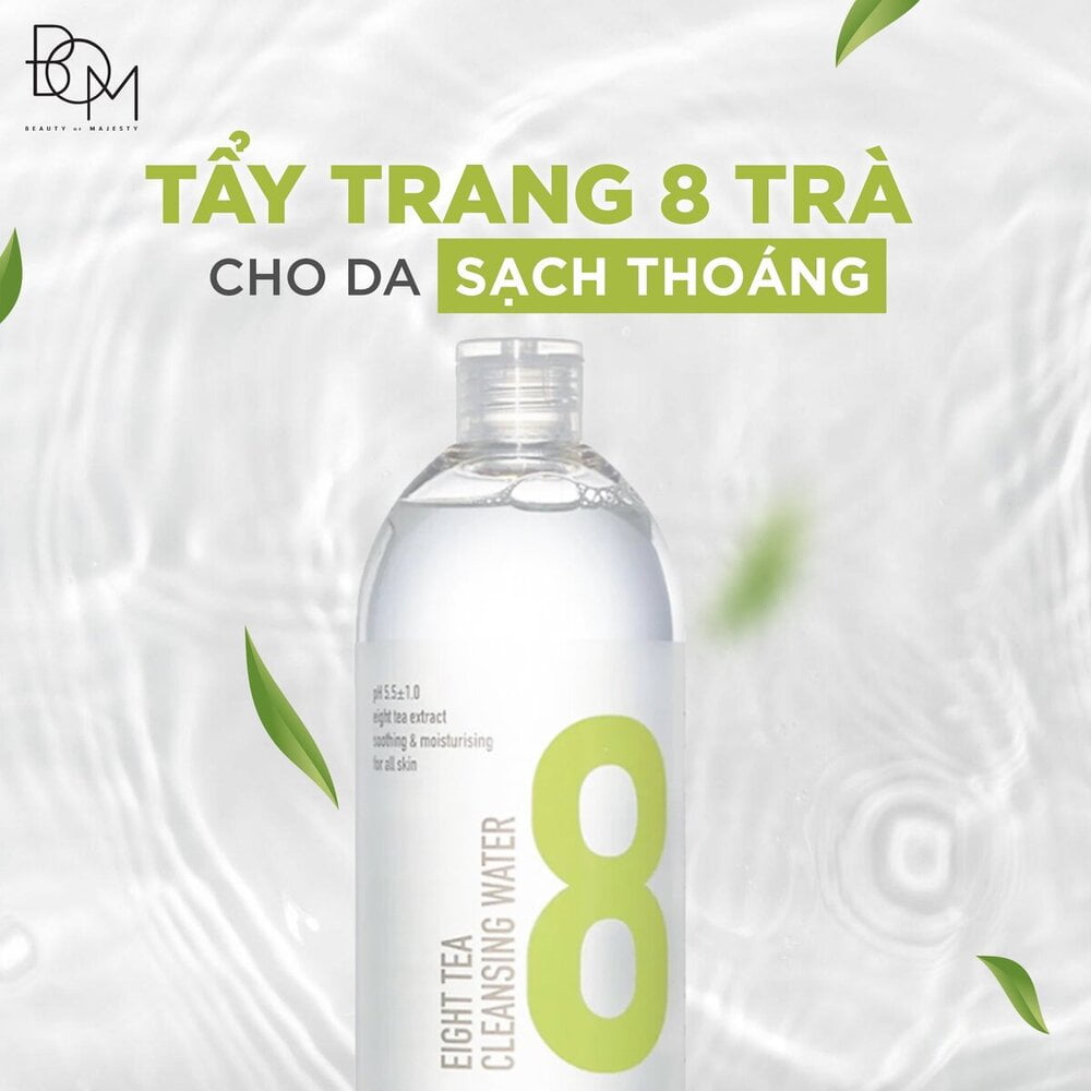 B.O.M EIGHT TEA CLEANSING WATER 500ML - một trong các loại nước tẩy trang cho da dầu mụn nhạy cảm tốt nhất